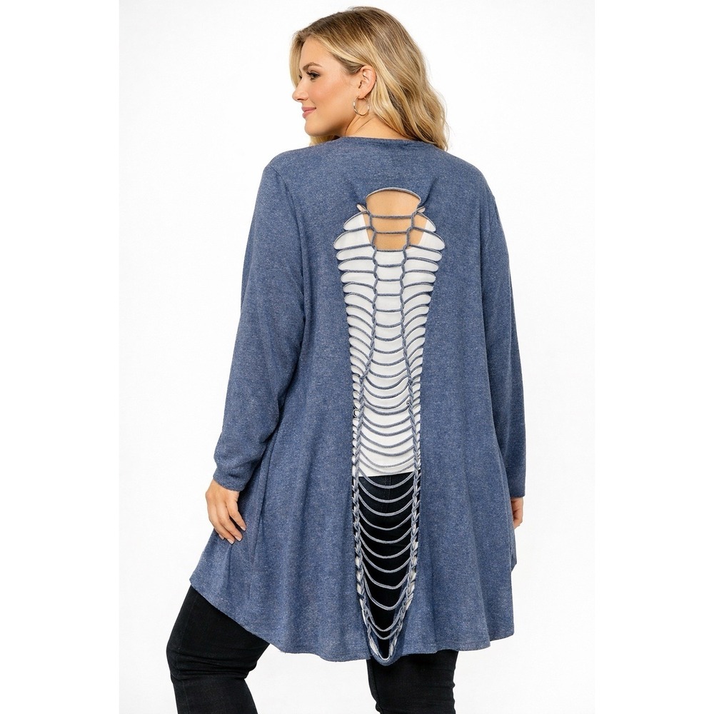 Emperice‎ Open Front Cardigan Womens 3X Blue Shredded Back Duster Lightweight